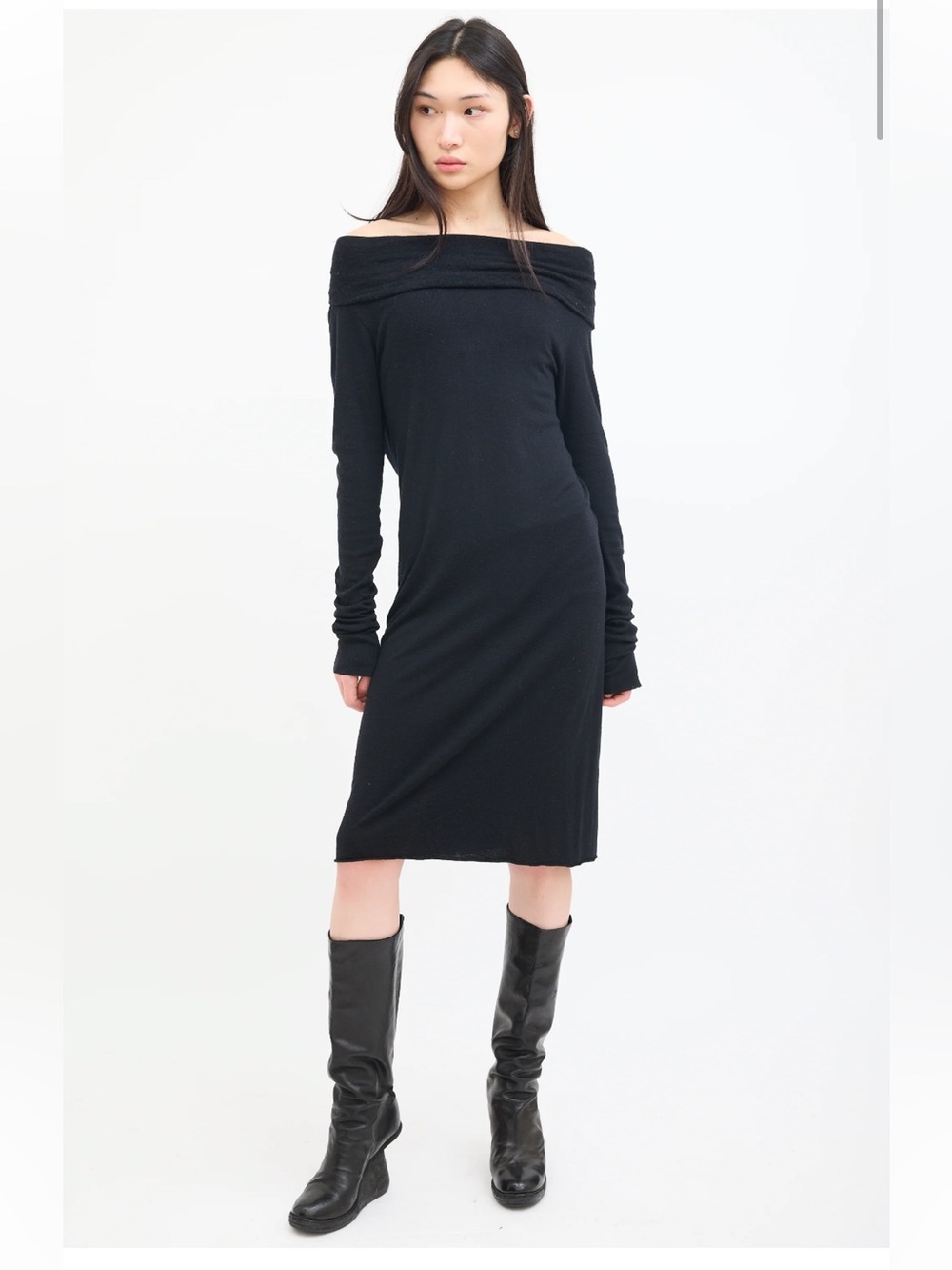 Rick Owens Lilies dark gray knit midi dress long sleeve fold collar cowl neck 10 - Picture 2 of 16